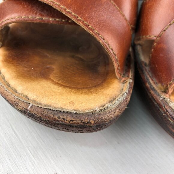 Born Women's 7 Tinari Brown Leather Open Toe Buckle Slip On High Heel Sandals - Picture 3 of 16